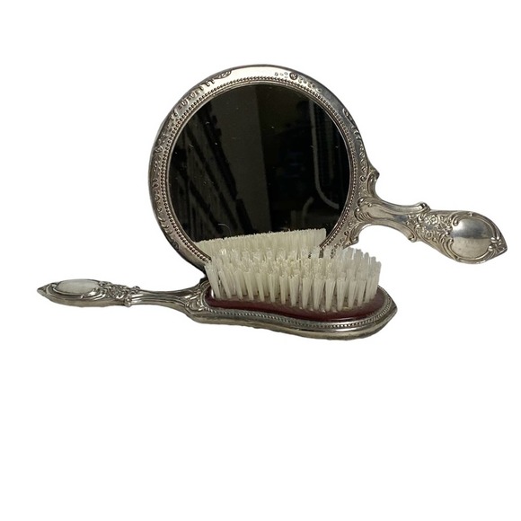 Vintage mirror and brush vanity set silver plated Art Nouveau Repousse 9” - Picture 2 of 5